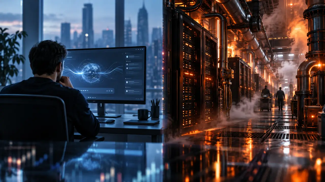 Salle de serveurs éclairée par des flux de données bleus, symbole de l'empreinte environnementale de l'intelligence artificielle