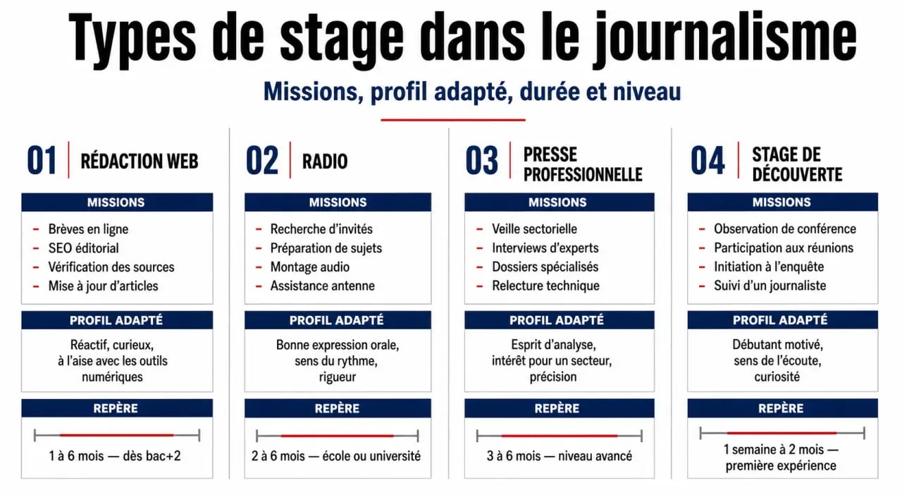 Comparatif des types de stage dans le journalisme : rédaction web, radio, presse professionnelle et stage de découverte