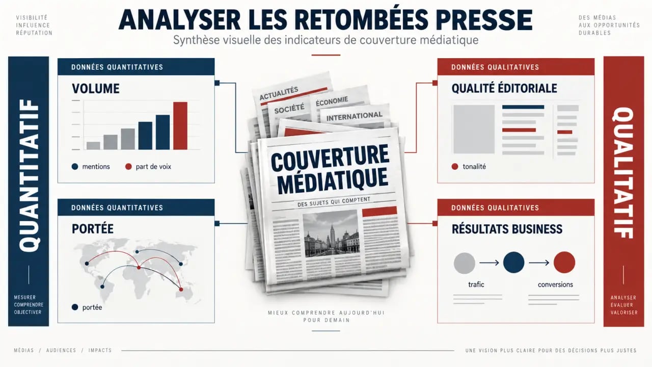 Infographie de synthèse pour l'analyse retombées presse avec KPI quantitatifs et qualitatifs