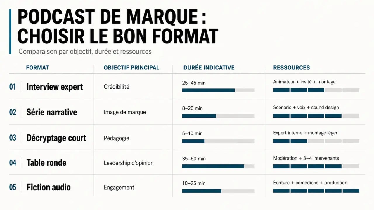 Podcast de marque : comparaison visuelle des formats selon l’objectif, la durée et les ressources
