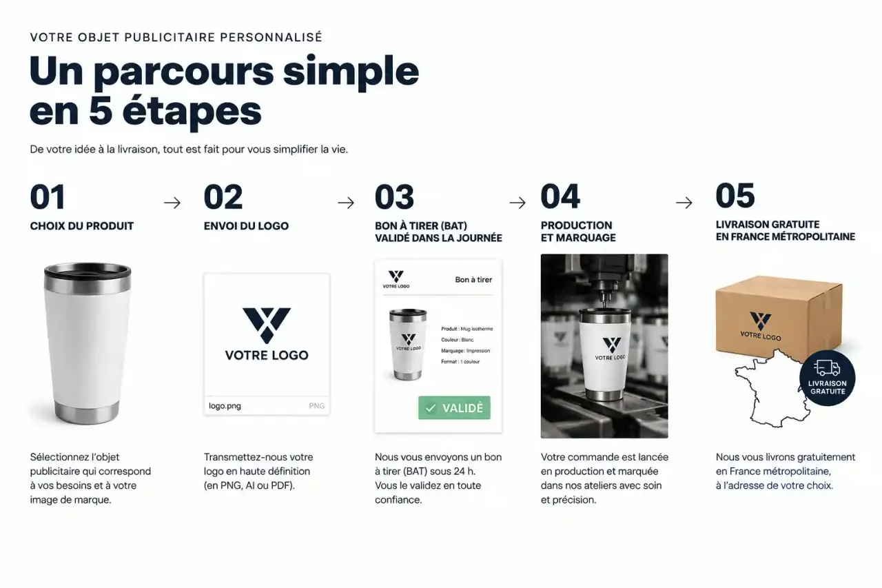 Parcours de commande J-Media en cinq étapes, du choix du produit à la livraison, avec validation du BAT