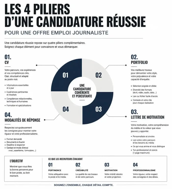 Stratégie de candidature pour une offre emploi journaliste : CV, portfolio et lettre de motivation.