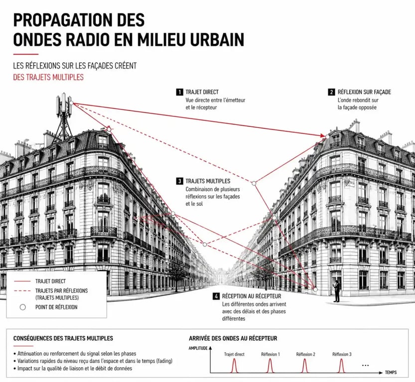 Schéma explicatif du phénomène de trajets multiples affectant la fréquence radio 105.5 MHz à Paris