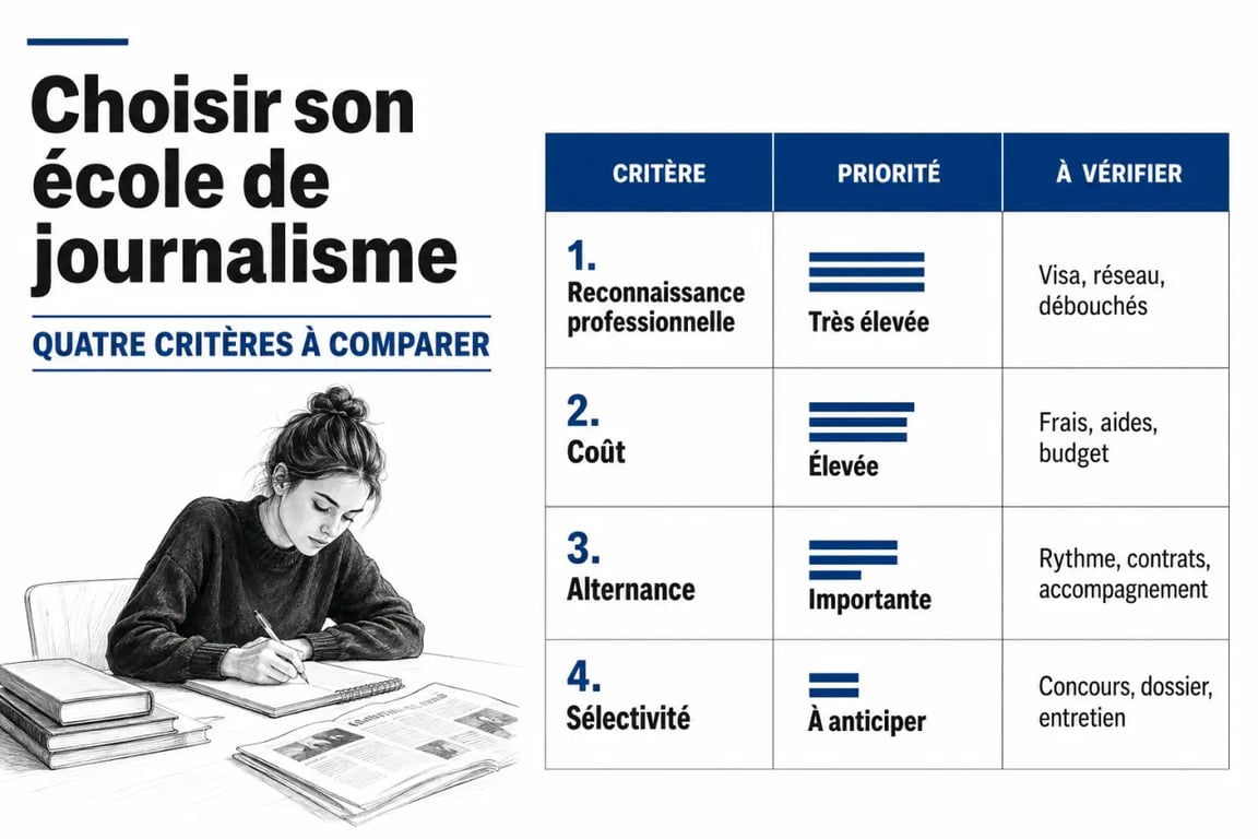 Classement ecole journalisme illustré par une comparaison des critères de reconnaissance, coût, alternance et sélectivité