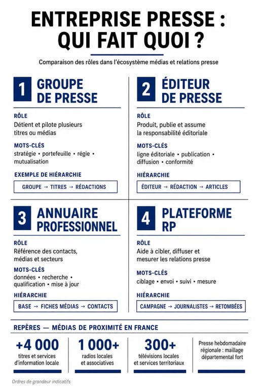Infographie sur entreprise presse : groupe de presse, éditeur, annuaire professionnel et plateforme RP
