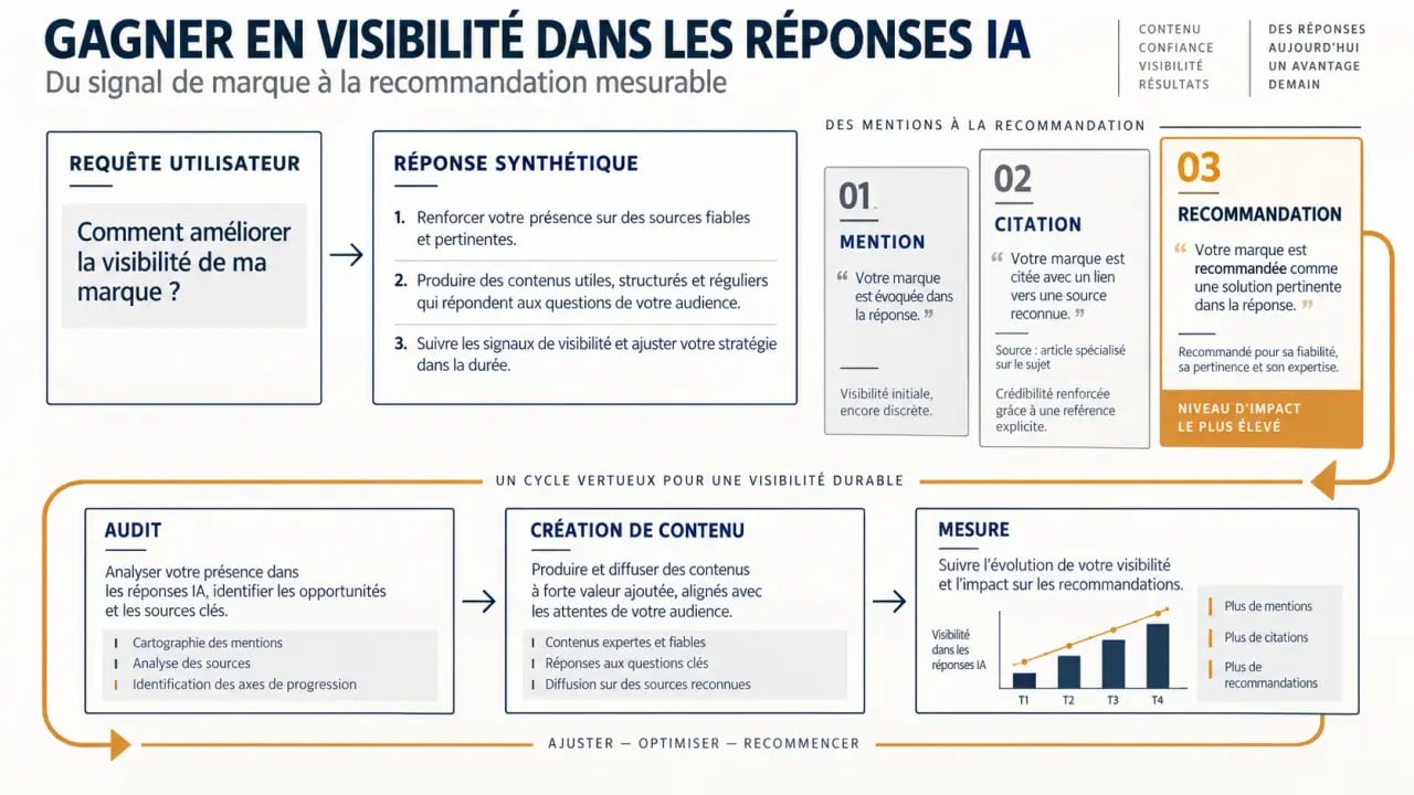 Améliorer visibilité marque moteurs réponse IA : parcours de la mention à la recommandation