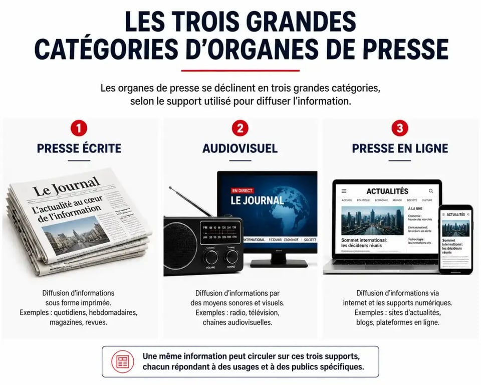 Infographie illustrant la typologie des organes de presse : presse écrite, audiovisuel et presse en ligne.