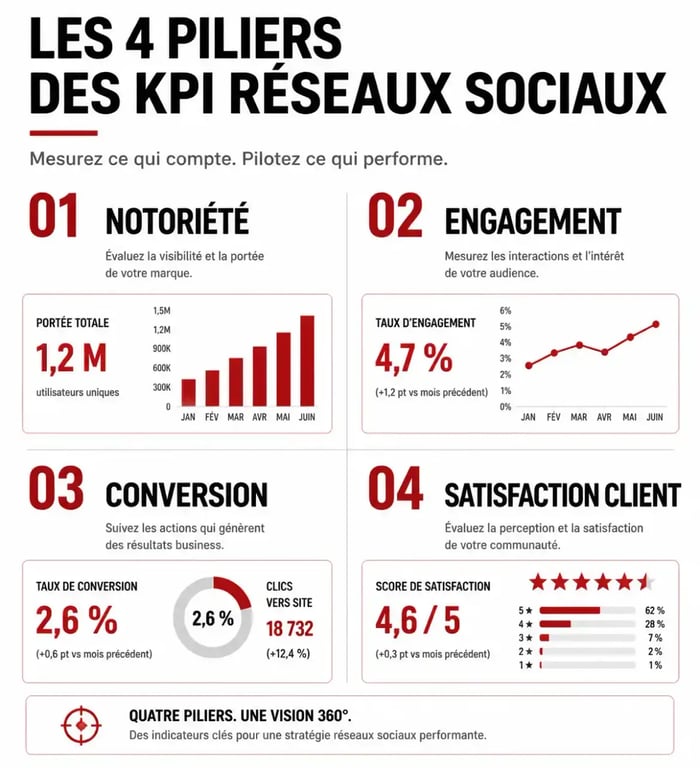 Infographie des 4 piliers des KPI réseaux sociaux pour mesurer la performance