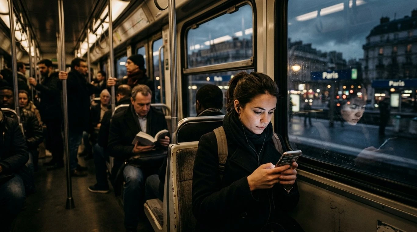 Foule urbaine avec superpositions holographiques