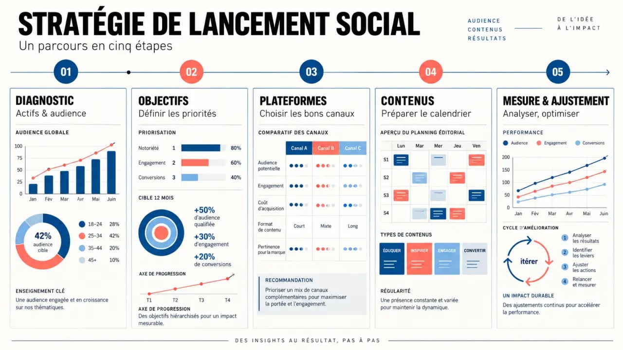Schéma des étapes d'une stratégie de lancement sur les réseaux sociaux