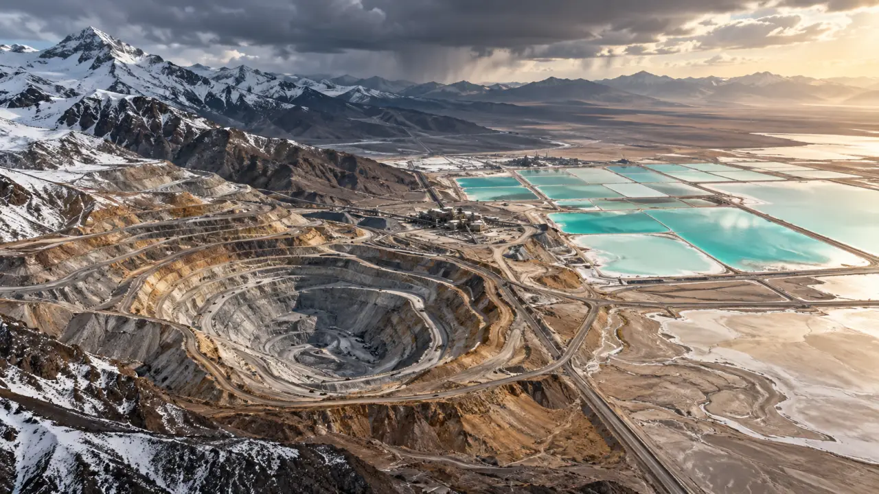 Carte sombre des principales régions productrices de lithium, traversée de flux de données bleus