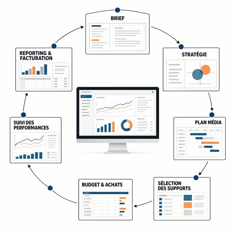 Logiciel médiaplanning : schéma du cycle de planification, achat, suivi et reporting des campagnes