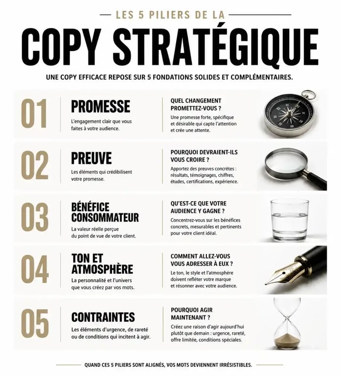 Schéma des 5 piliers de la copy stratégique pour réussir sa communication