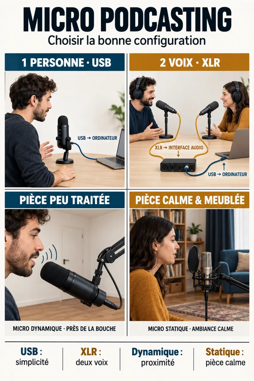 Infographie comparative sur le micro podcasting : USB ou XLR, dynamique ou statique selon la pièce et le nombre de voix