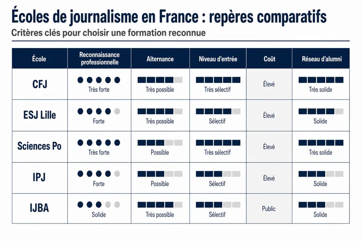 Les meilleures écoles de journalisme en comparatif visuel des critères clés