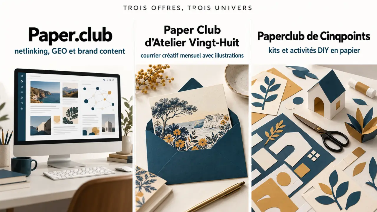 Infographie Paperclub distinguant Paper.club, le Paper Club d’Atelier Vingt-Huit et Paperclub de Cinqpoints