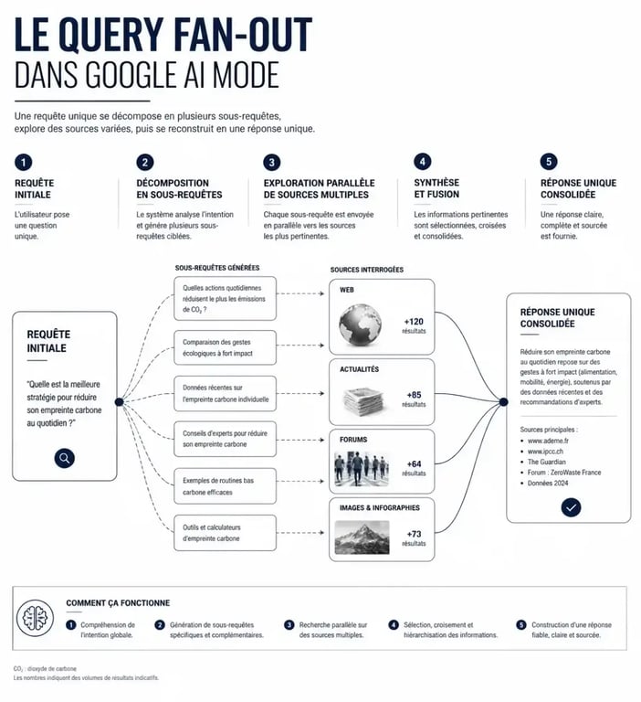 Schéma du query fan-out de l'AI Mode, outil seo ai mode pour comprendre la décomposition des requêtes