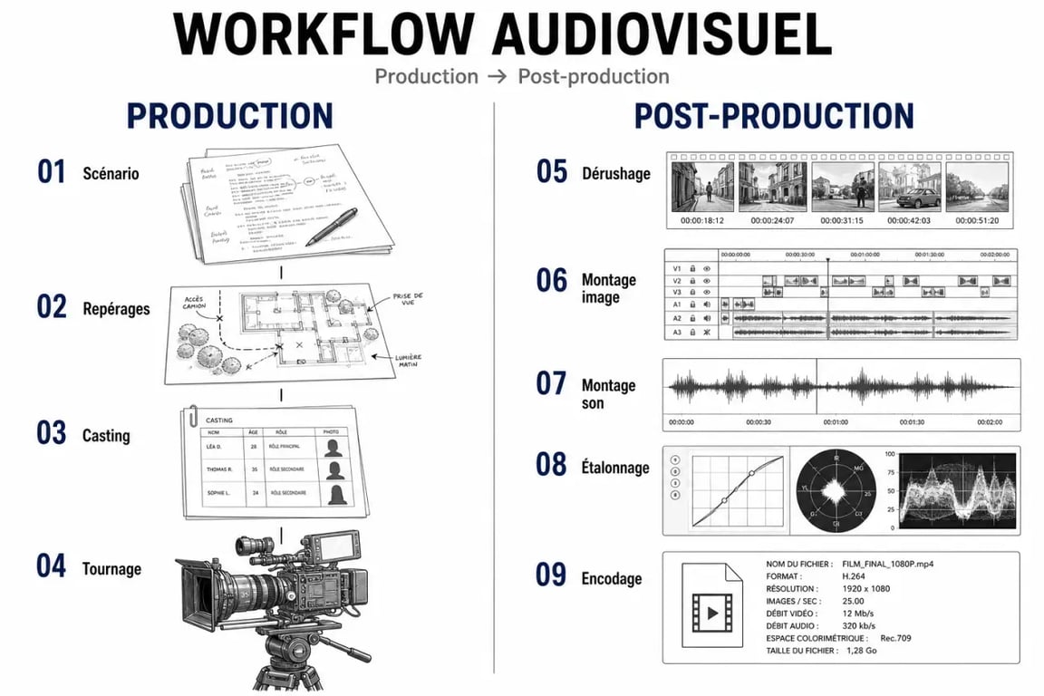 Production and post production : schéma du workflow audiovisuel de la préparation au livrable final