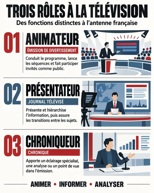Infographie sur les rôles d’un animateur TV français, d’un présentateur et d’un chroniqueur