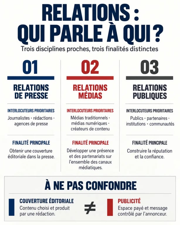 Infographie comparative sur les relations de presse, les relations médias et les relations publiques