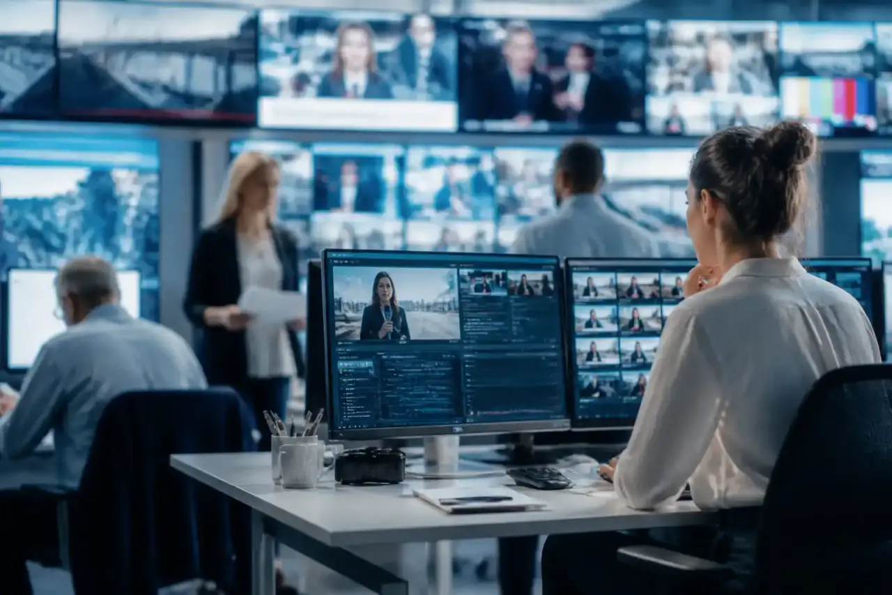 Une salle de rédaction de journal télévisé moderne avec des écrans de contrôle de diffusion