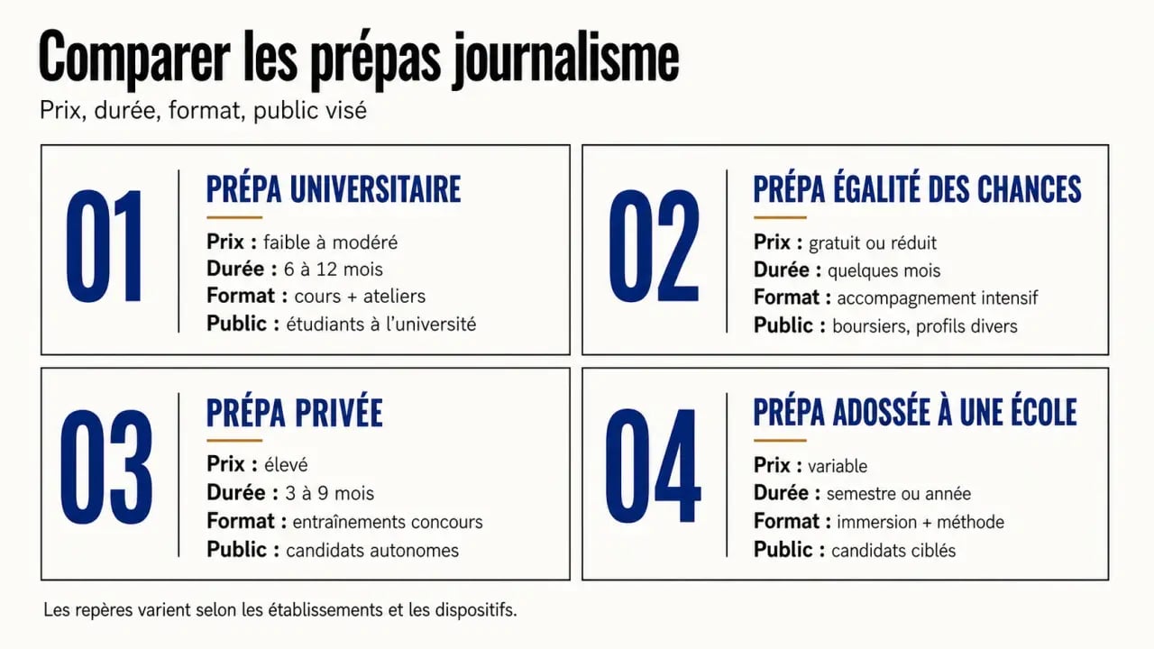 Prépa écoles de journalisme : comparaison visuelle des formats, prix, durées et publics visés